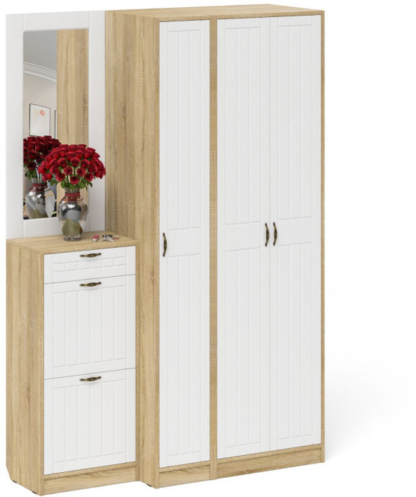 Прихожая П-6 Компоновка № 49, дуб сонома/фасады МДФ белое дерево фрезеровка прованс