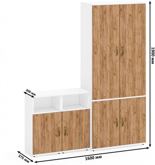 Лидер-8 Шкаф МД 20Б + Тумба МД 3.19 + Тумба МД 3.19, цвет белый шагрень/крафт золото, ШхГхВ 160х37,5х190 см., НЕ универсальная сборка