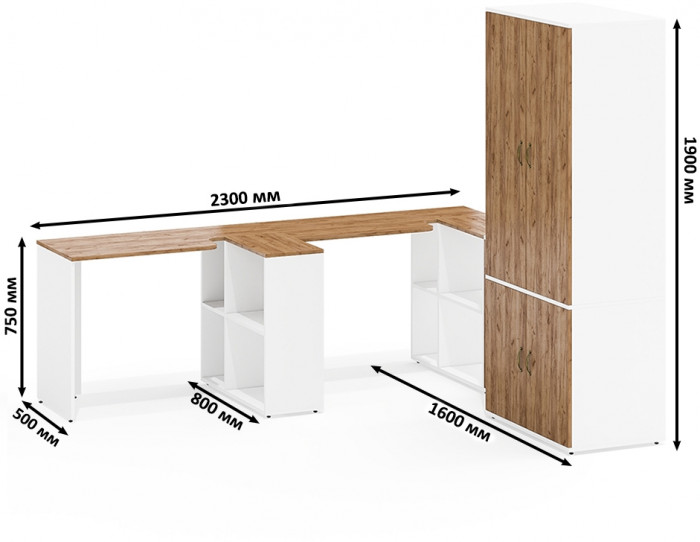 Лидер-8 Стол + Стол + Шкаф МД 19Б + Тумба МД 3.15, цвет белый шагрень/крафт золото, ШхГхВ 450х50х75/190 или 230х200/50х75/190 см., НЕ ун. сб.