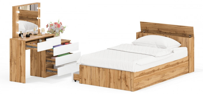 Ксения Кровать с ящиками 1200 + Стол косметический с подсветкой 110, дуб вотан/белый