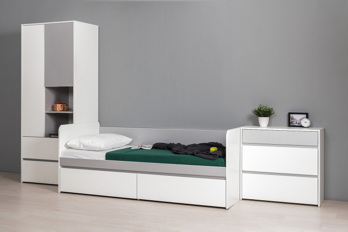 Торонто Компоновка № 21, цвет белый шагрень/стальной серый, ШхГхВ 354х84,4х195,7 см., сп. м. 800х1900 мм., б/м, основание есть, универсальная сборка