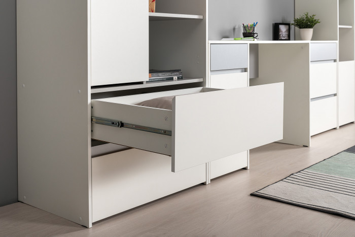 Торонто Компоновка № 21, цвет белый шагрень/стальной серый, ШхГхВ 354х84,4х195,7 см., сп. м. 800х1900 мм., б/м, основание есть, универсальная сборка