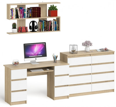 Мори компьютерный стол МС-2 + Комод МК1200.8 + Полка 1200, дуб сонома/белый