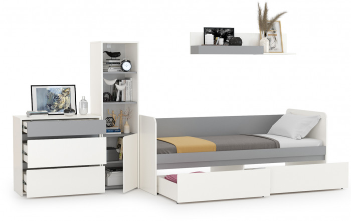 Торонто Компоновка № 22, цвет белый шагрень/стальной серый, ШхГхВ 314х84,4х149,7 см., сп. м. 800х1900 мм., б/м, основание есть, универсальная сборка