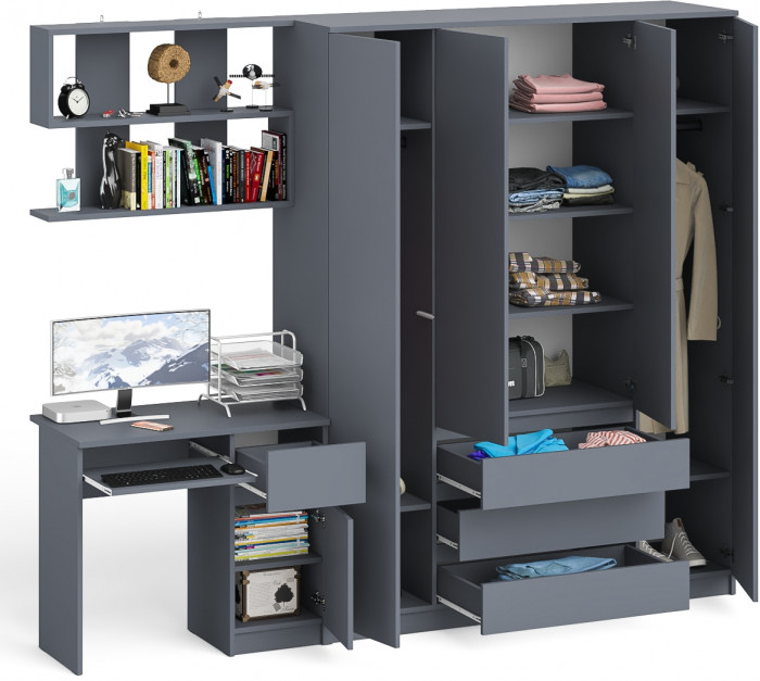 Мори Стол компьютерный МС-1 правый + Шкаф МШ1600.1 + Полка 900, цвет графит, ШхГхВ 250,4х50,4х209,6 см., НЕ универсальная сборка