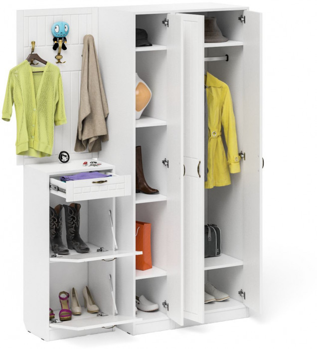 Прихожая П-6 Компоновка № 50, белая шагрень/фасады МДФ белое дерево фрезеровка прованс