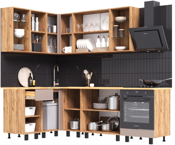 Угловая кухня Оливия NEW 1,4х2,4м, Крафт золотой/Холст латте