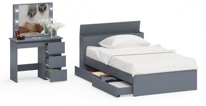 Ксения Кровать с ящиками 1200 + Стол косметический с подсветкой Сура, графит