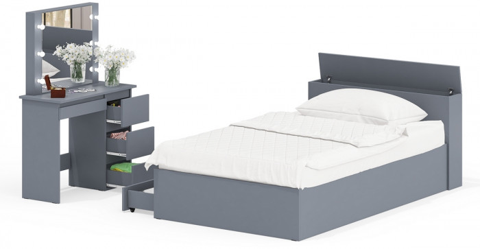 Ксения Кровать с ящиками 1200 + Стол косметический с подсветкой Сура, графит