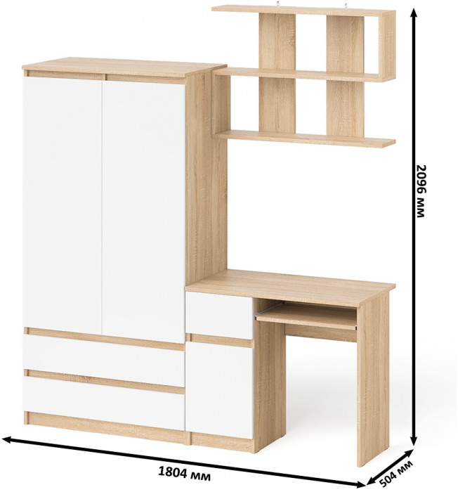 Мори Стол компьютерный МС-1 левый + Шкаф МШ900.1 + Полка 900, цвет дуб сонома/белый, ШхГхВ 180,4х50,4х209,6 см., НЕ универсальная сборка
