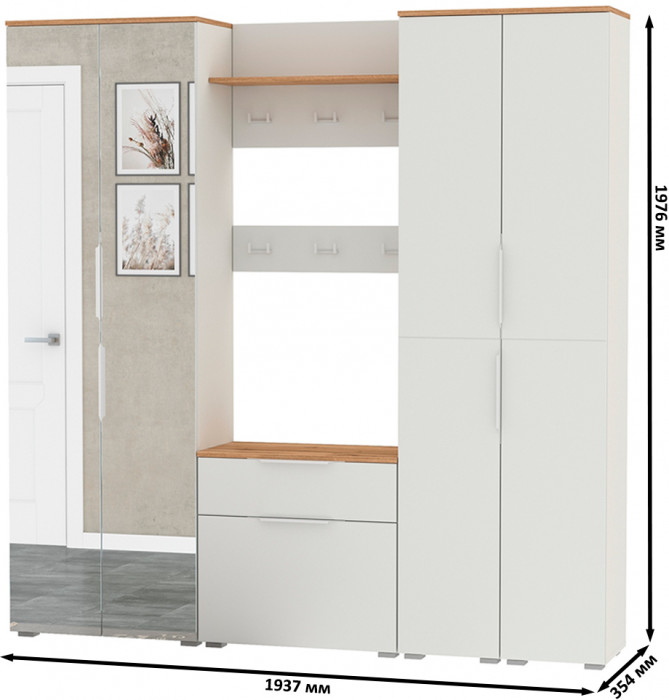 Октава Прихожая 31, цвет белый шагрень/дуб крафт золотой/фасады МДФ белый шагрень, ШхГхВ 193,7х35,4х197,6 см., универсальная сборка