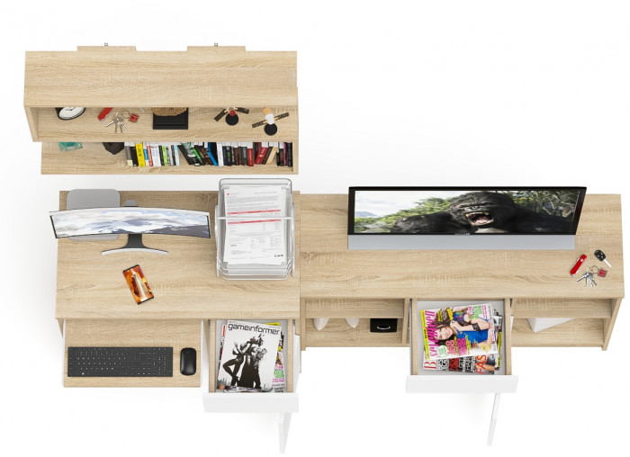 Мори компьютерный стол МС-1 правый + Тумба МТВ1204.1 + Полка 900, дуб сонома/белый