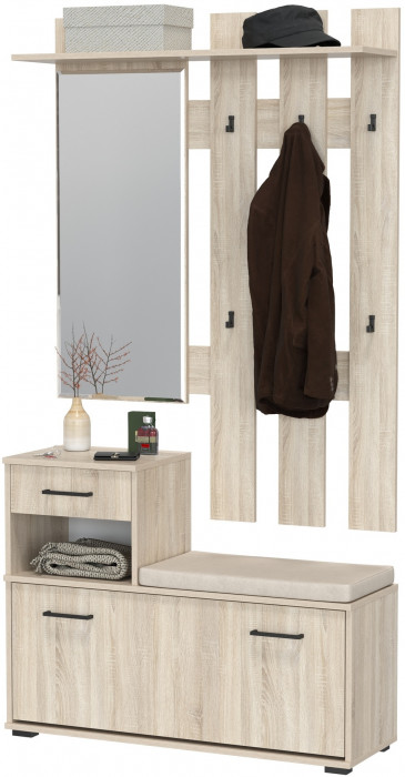 Лира ГК Прихожая 1 2-0714+2-3814 Тумба под обувь + Вешалка с зеркалом, цвет дуб сонома, ШхГхВ 100х33х185 см., универсальная сборка
