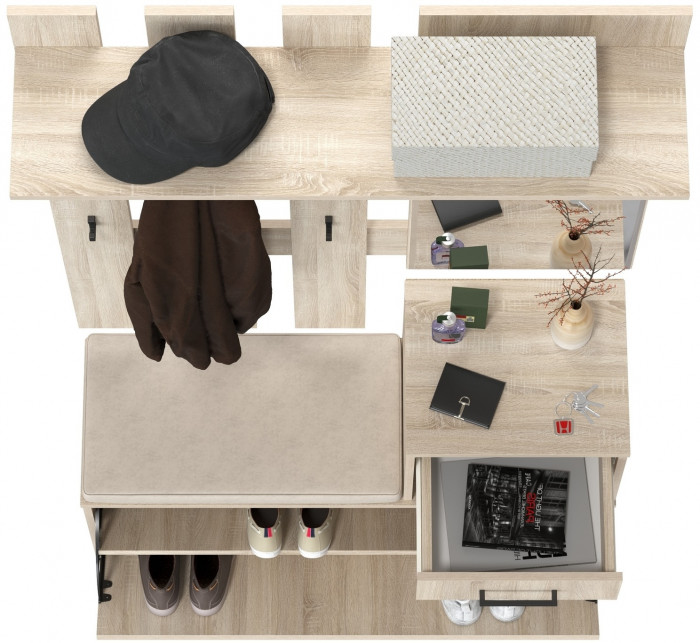 Лира ГК Прихожая 1 2-0714+2-3814 Тумба под обувь + Вешалка с зеркалом, цвет дуб сонома, ШхГхВ 100х33х185 см., универсальная сборка