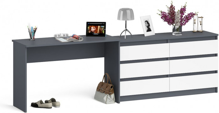 Мори Стол письменный МСП1200.1 + Комод МК1380.6, цвет графит/белый, ШхГхВ 258,4х50х76,6 см., универсальная сборка