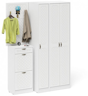 Прихожая П-6 Компоновка № 50, белая шагрень/фасады МДФ белое дерево фрезеровка ромб