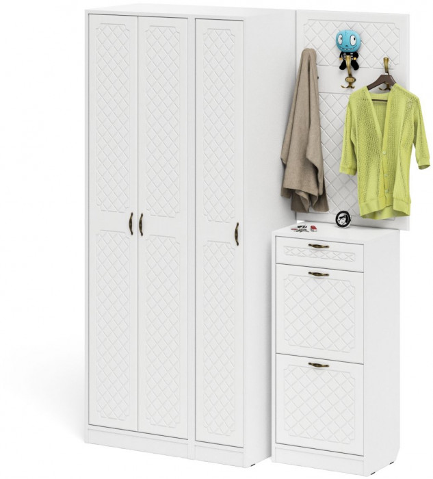 Прихожая П-6 Компоновка № 50, белая шагрень/фасады МДФ белое дерево фрезеровка ромб