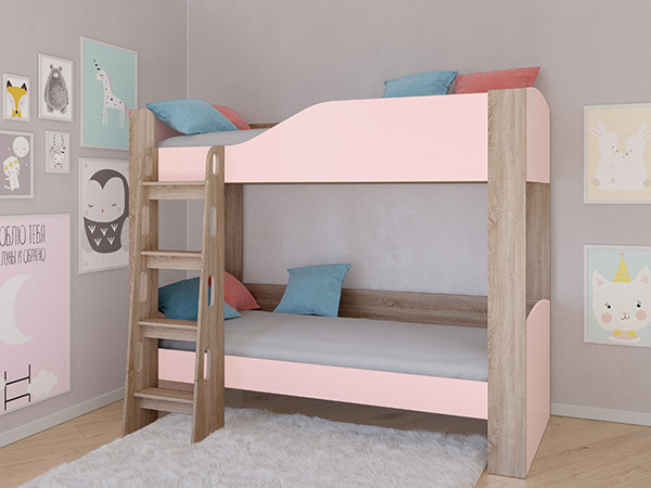 Кровать двухъярусная АСТРА 2 Сонома/Розовый без ящика