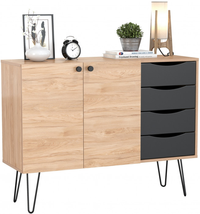 Брюс Комод-тумба 16.233, цвет чёрный/Battle rock Santiago, ШхГхВ 113,4х38,3х85,6 см., универсальная сборка, две дверки и четыре выдвижных ящика