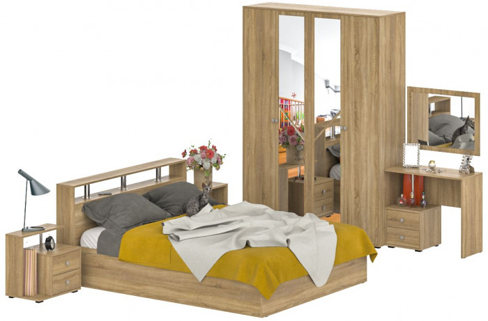 Камелия спальня № 2 Кровать 1600 + Две тумбы + Стол косметич. + Зеркало + Шкаф 4-х, цвет дуб сонома, сп.м. 1600х2000 мм., б/м, осн. есть