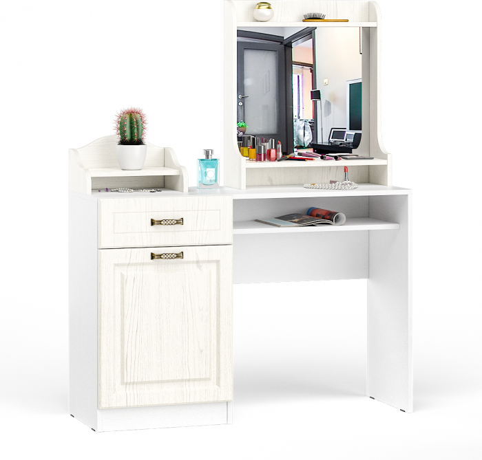 Ливерпуль Стол туалетный 12.46 + Полка 10.118 + Полка 10.117, цвет ясень ваниль/белый, ШхГхВ 119,8х41,3х152,3 см., НЕ универсальная сборка