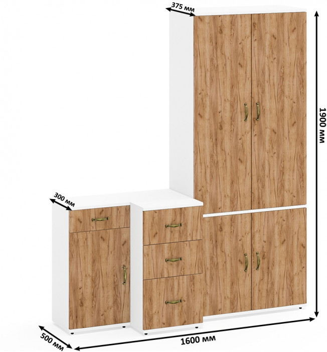 Лидер-8 Шкаф МД 20Б + Тумба МД 3.15 + Тумба МД 3.16, цвет белый шагрень/крафт золото, ШхГхВ 160х50х190 см., НЕ универсальная сборка