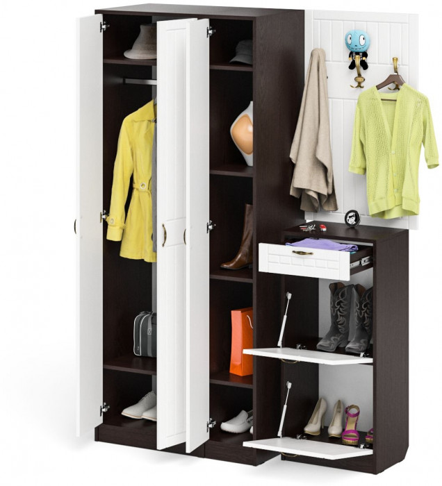 Прихожая П-6 Компоновка № 50, венге/фасады МДФ белое дерево фрезеровка прованс