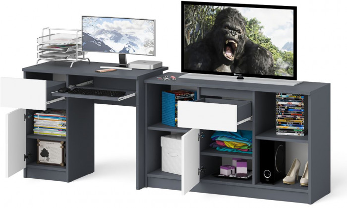 Мори компьютерный стол МС-1 левый + Тумба МТВ1204.1, графит/белый