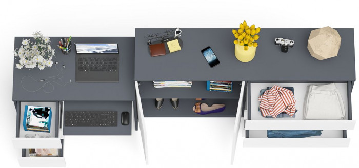 Мори компьютерный стол МС-6 левый + Комод МК1600.1, графит/белый