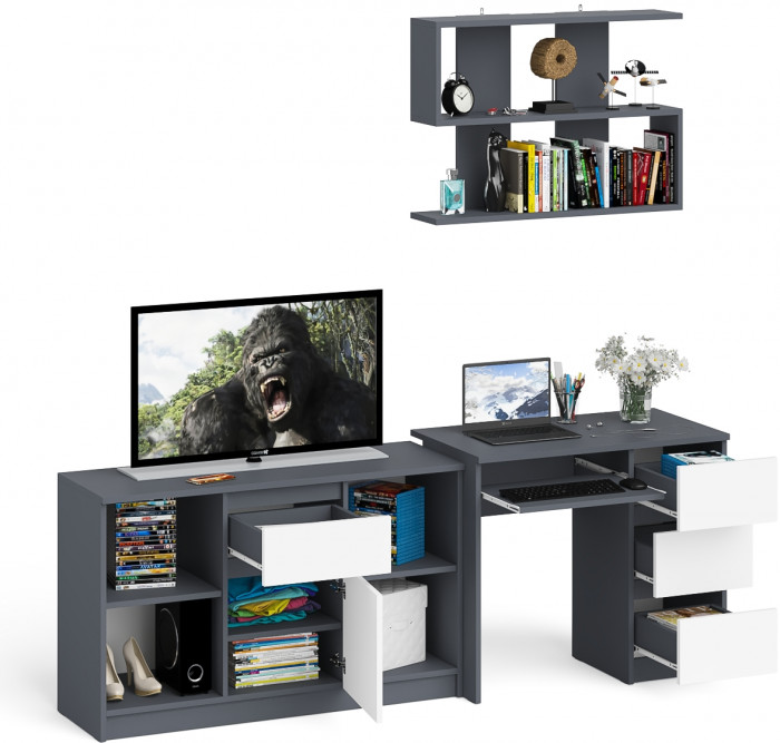 Мори компьютерный стол МС-6 правый + Тумба МТВ1204.1 + Полка 900, графит/белый