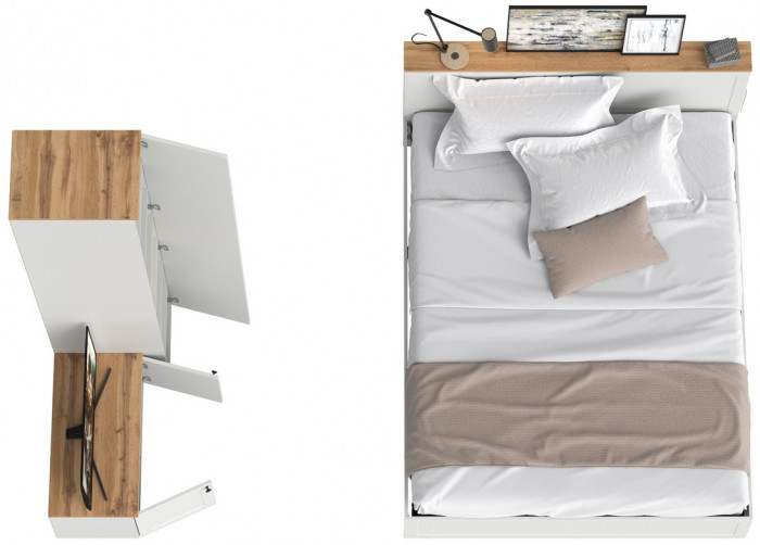 Остин 11.53 Кровать + ортопед + 13.225 Шкаф-пенал + 13.257 Тумба, белый шагрень/дуб крафт золотой