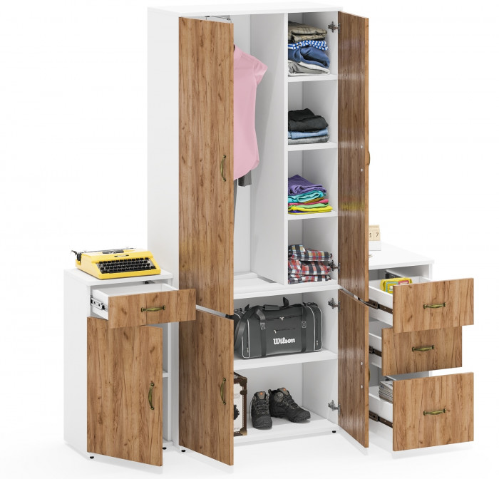 Лидер-8 Шкаф МД 20Б + Тумба МД 3.15 + Тумба МД 3.16, белый шагрень/крафт золото