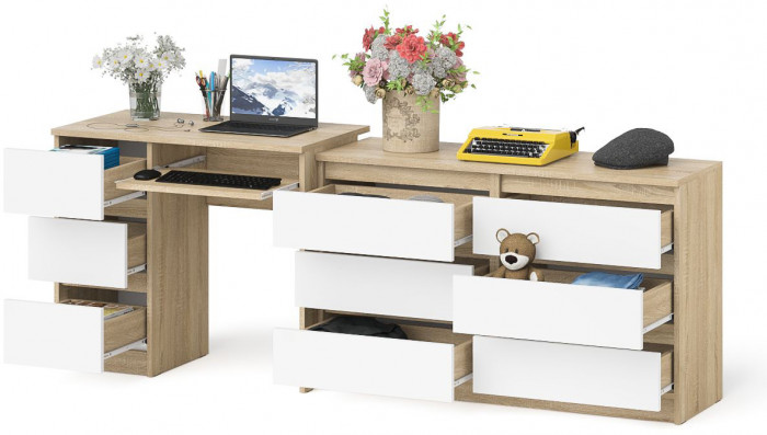 Мори Стол компьютерный МС-6 левый + Комод МК1200.6, цвет дуб сонома/белый, ШхГхВ 210,4х50х76,6 см., выдвижные ящики слева, НЕ универсальная сборка