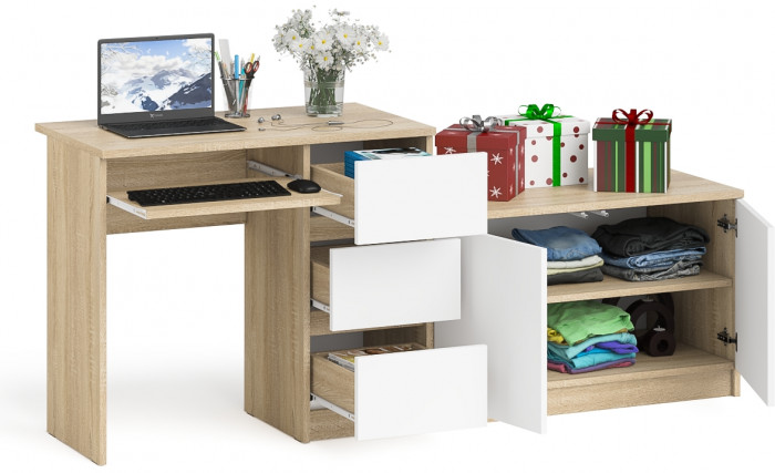 Мори Стол компьютерный МС-6 правый + Тумба МА900.1, цвет дуб сонома/белый, ШхГхВ 180,4х50,4х76,6 см., выдвижные ящики справа, НЕ универсальная сборка