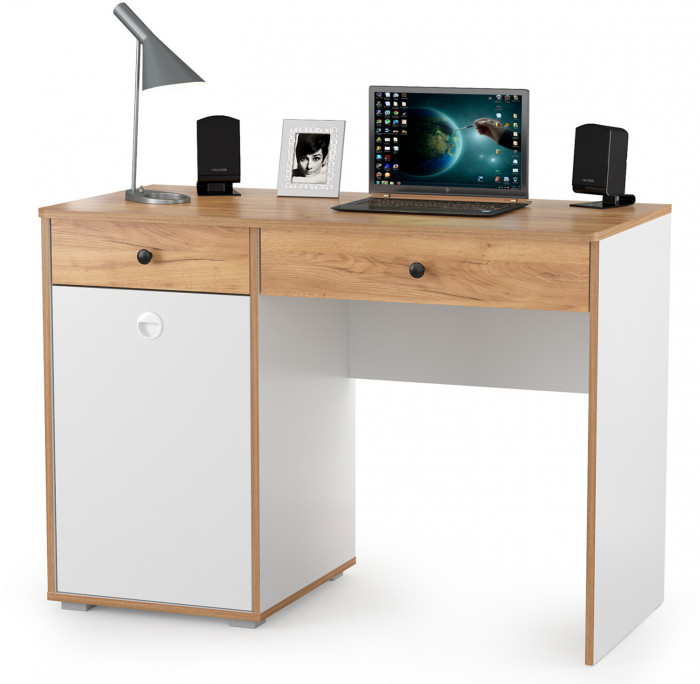 Вуди письменный стол 12.42 + Надстройка на стол 13.161, белый премиум/дуб крафт золотой