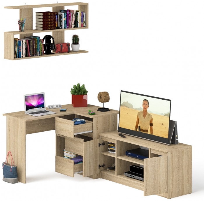 Мори компьютерный стол МС-16 правый + Тумба МТВ1200.1 + Полка 1200, дуб сонома