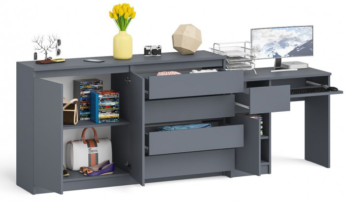 Мори Стол компьютерный МС-1 левый + Комод МК1600.1, цвет графит, ШхГхВ 250,4х50х94 см., выдвижной ящик слева, НЕ универсальная сборка