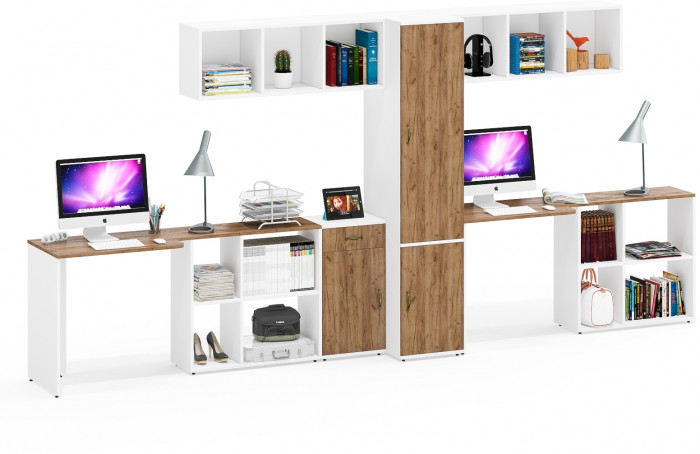 Лидер-8 Стол + Полка + Стол + Полка + Пенал МД 23Б + Тумба МД 3.15, белый шагрень/крафт золото