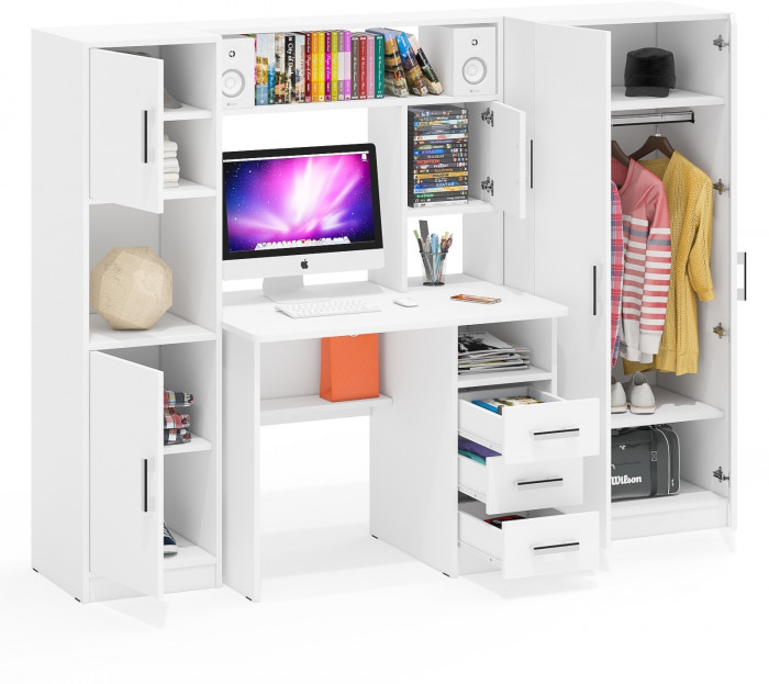 Стол компьютерный С-МД-СК9+Пенал С-МД-СК9П+Шкаф С-МД-СК9Ш, цвет белый шагрень, ШхГхВ 215х70х160 см., НЕ универсальная сборка