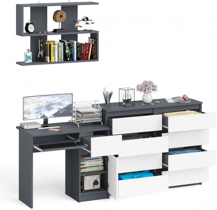 Мори компьютерный стол МС-1 правый + Комод МК1200.8 + Полка 900, графит/белый