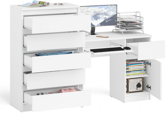 Мори Стол компьютерный МС-1 правый + Комод МК700.5, цвет белый, ШхГхВ 160,4х50х114 см., выдвижной ящик справа, НЕ универсальная сборка