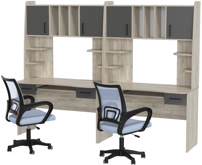 Два стола рабочих 6-0604 Бета + два кресла 103 серых, цвет дуб крафт серый/графит, ШхГхВ 240х60,5х183,5 см.