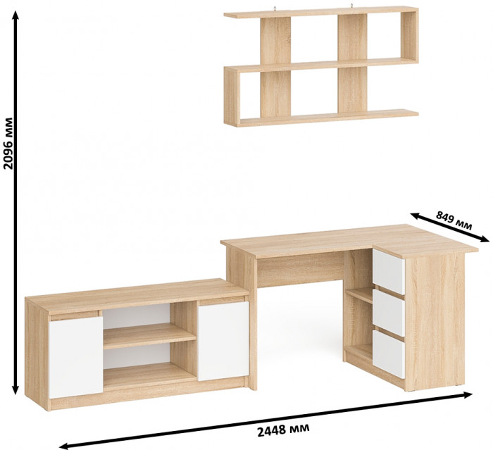 Мори компьютерный стол МС-16 правый + Тумба МТВ1200.1 + Полка 1200, дуб сонома/белый