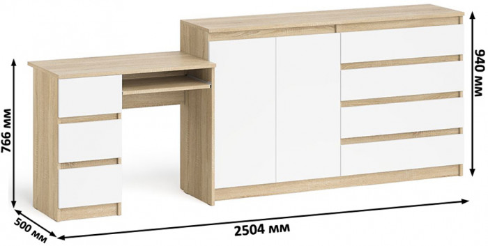 Мори компьютерный стол МС-6 левый + Комод МК1600.1, дуб сонома/белый