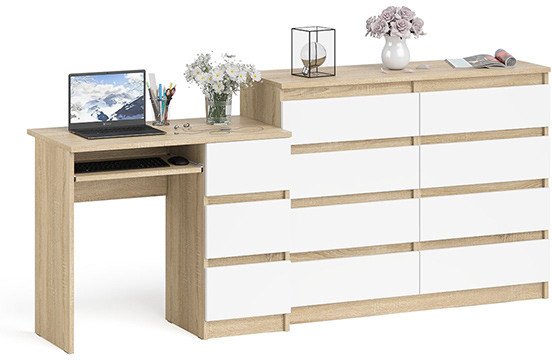 Мори Стол компьютерный МС-6 правый + Комод МК1200.8, цвет дуб сонома/белый, ШхГхВ 210,4х50х94 см., выдвижные ящики справа, НЕ универсальная сборка
