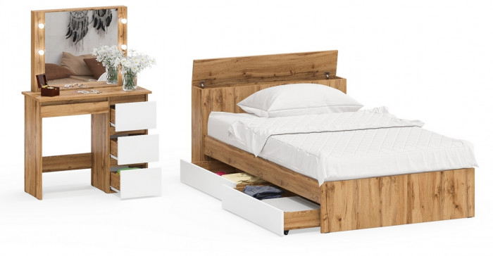 Ксения Кровать с ящиками 1200 + Стол косметический с подсветкой Сура, дуб вотан/белый