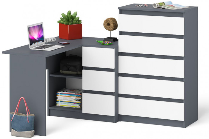 Мори компьютерный стол МС-16 правый + Комод МК700.5, графит/белый