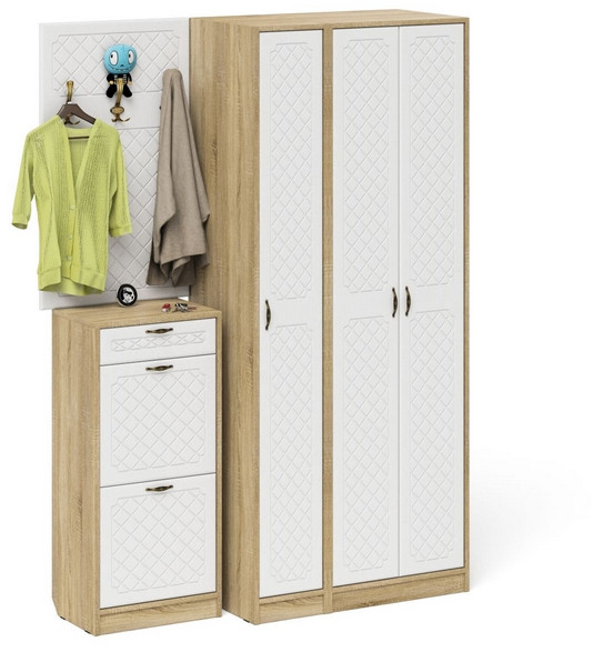 Прихожая П-6 Компоновка № 50, дуб сонома/фасады МДФ белое дерево фрезеровка ромб