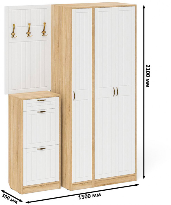 Прихожая П-6 Компоновка № 50, цвет дуб сонома/фасады МДФ белое дерево фрезеровка прованс, ШхГхВ 150х50х210 см., универсальная сборка