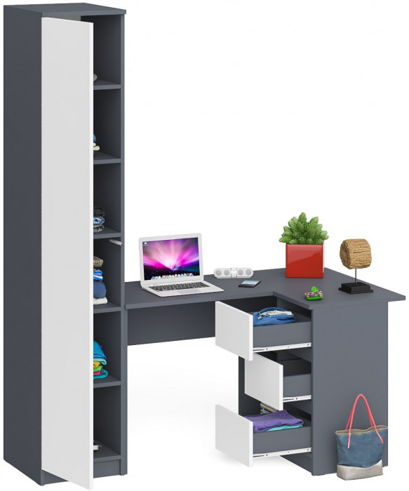 Мори Стол компьютерный МС-16 правый + Пенал МШ400.1, цвет графит/белый, ШхГхВ 164,8х84,9х209,6 см., выдвижные ящики справа, НЕ универсальная сборка